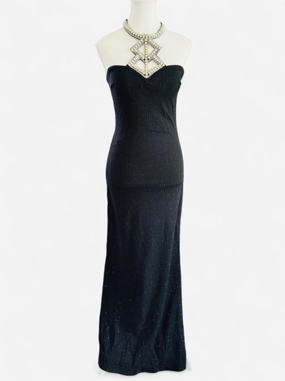 Black Strapless Maxi Dress Gold Beaded Neckline Formal Glam Small